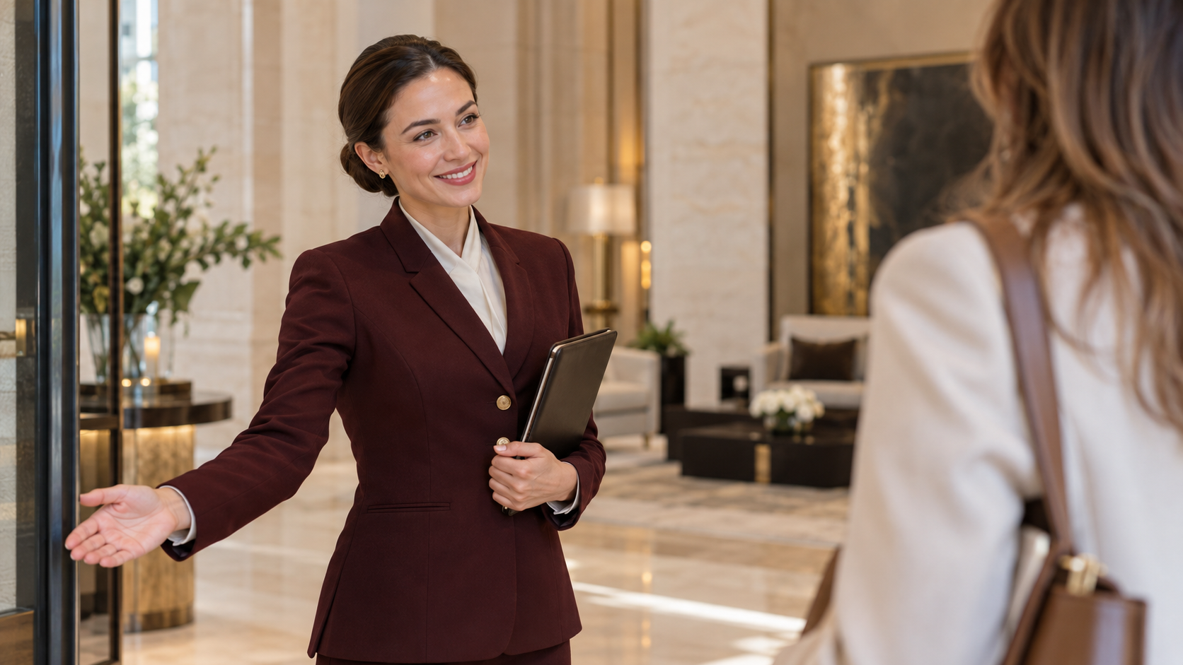 Illustrative concierge welcoming a client in an elegant lobby